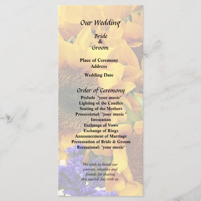 Bouquet of Sunflowers and Purple Statice Program Programme (Front)