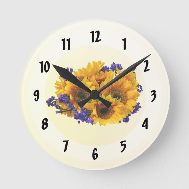 Bouquet of Sunflowers and Purple Statice Round Clock (Front)