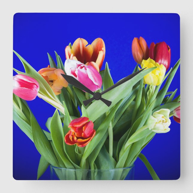 Bouquet of tulips on blue square wall clock (Front)