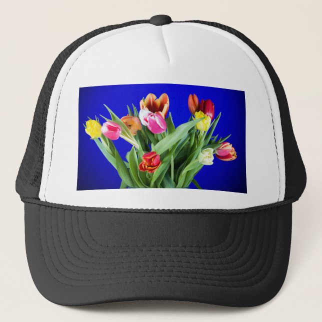 Bouquet of tulips on blue trucker hat (Front)
