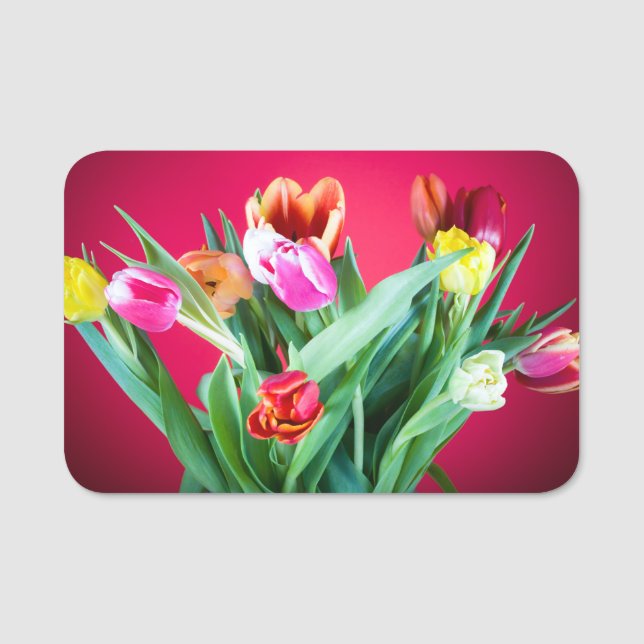 Bouquet of tulips on red name tag (Front)