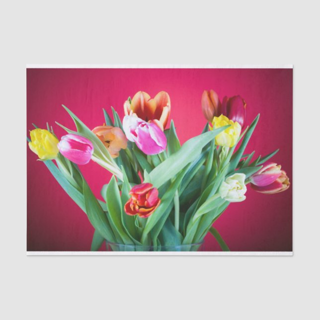 Bouquet of tulips on red tissue paper (Front)