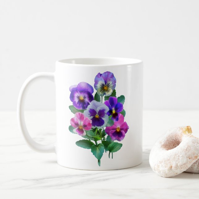 Bouquet of Violets Pansy Flower Coffee Mug (With Donut)
