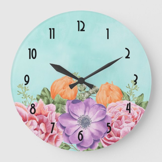 Bouquet of Watercolor Flowers Pink Purple Orange Large Clock (Front)