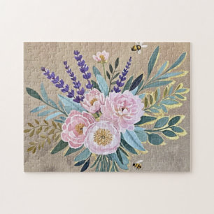 Bouquet peonies lavender flowers Rustic Jigsaw Puzzle