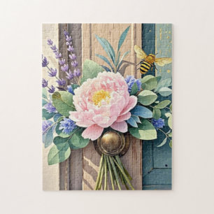 Bouquet peonies lavender flowers Rustic Jigsaw Puzzle