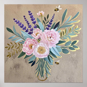 Bouquet peonies lavender flowers Rustic Poster