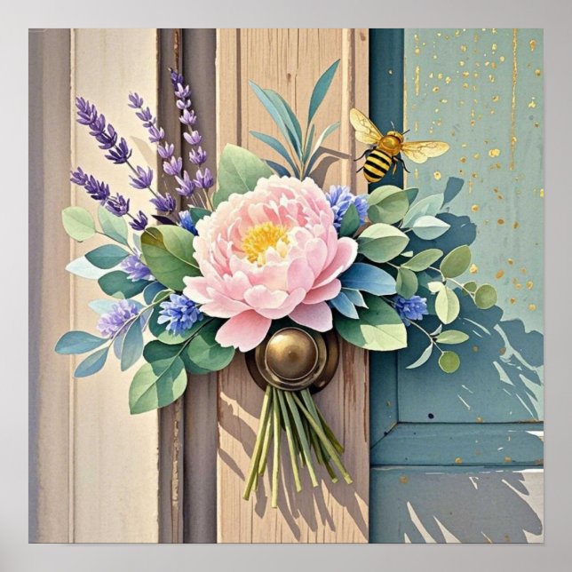 Bouquet peonies lavender flowers Rustic Poster (Front)