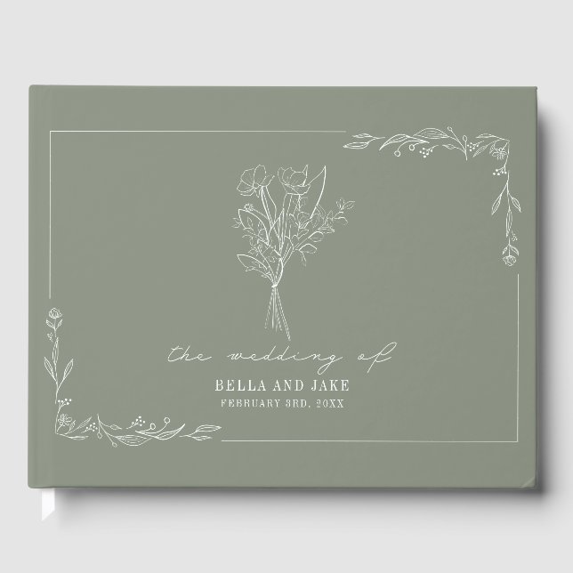 Bouquet Sage Green Wedding Floral Guest Book (Front)