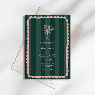 Bouquet Scalloped Emerald Stripe Pink Wedding Invitation