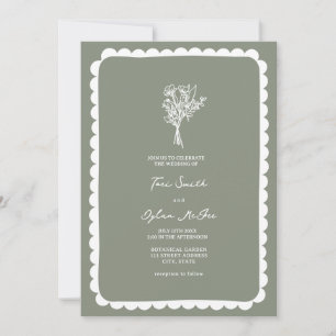 Bouquet Scalloped Sage Green Wedding Invitation