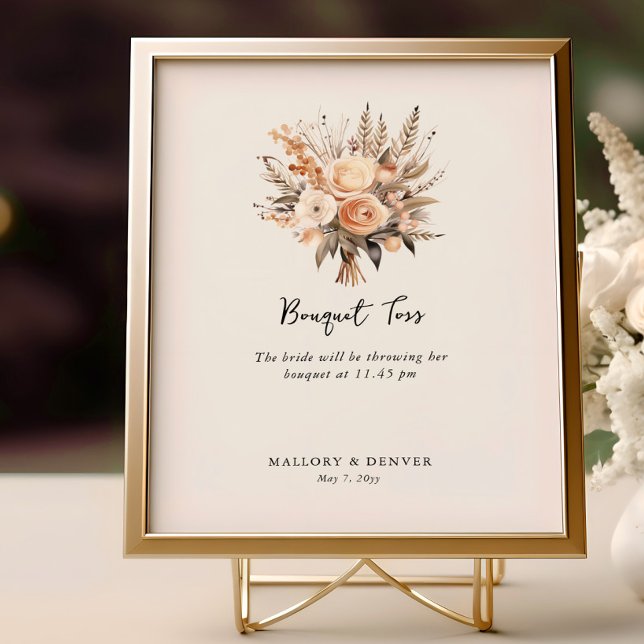 Bouquet Toss Neutral Wedding Reception Information Poster (Bouquet Toss Sign from Romantic Wedding signs collection by Darling & May)