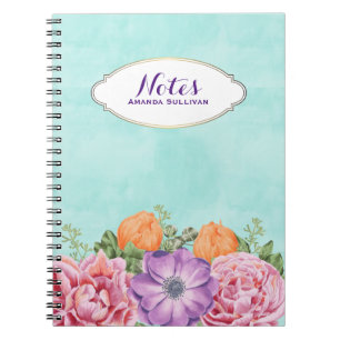 Bouquet Watercolor Flowers Pink Purple Custom Notebook