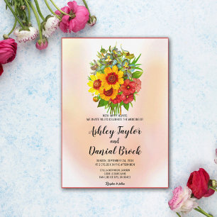 Bouquet watercolor sunflower pink floral Wedding I Invitation
