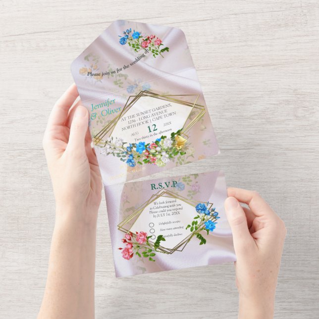 Bouquets of Multi-colour Roses  on Silk textures All In One Invitation (Tearaway)