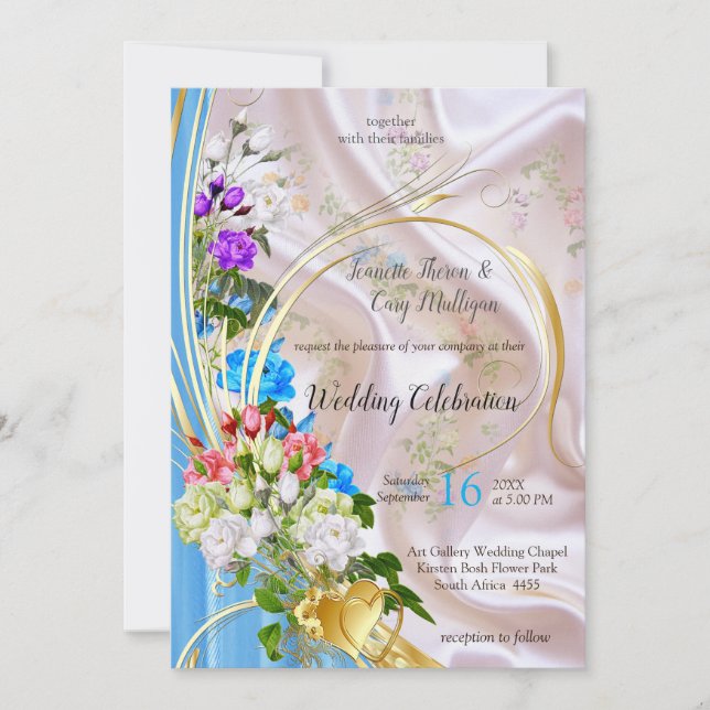 Bouquets of Multi-colour Roses  on Silk textures Invitation (Front)