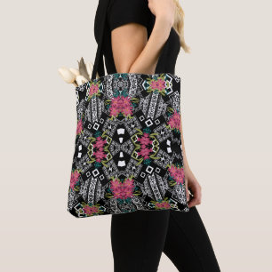 Bouquets of pink flowers flowers on a geometric tote bag