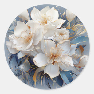 Bouquets of Silky Blue-White and Gold Edges Classic Round Sticker