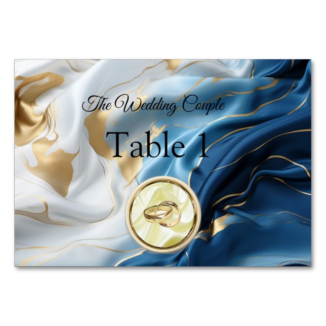 Bouquets of Silky Blue-White and Gold Edges Table Number (Front)