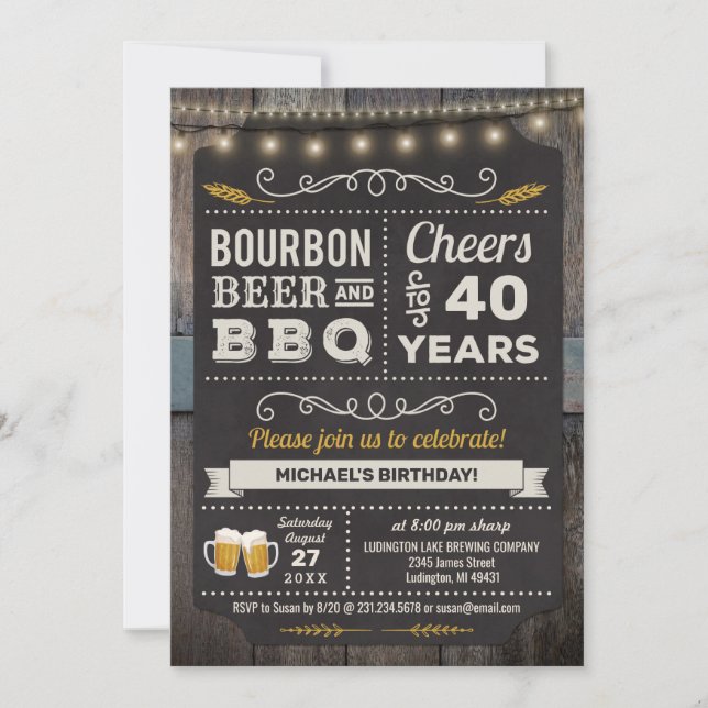 Bourbon Beer and BBQ 40th Birthday Invitation (Front)