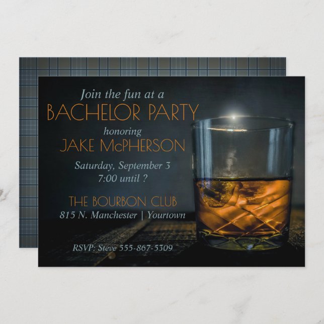 Bourbon Gentleman Plaid Bachelor Invitation (Front/Back)