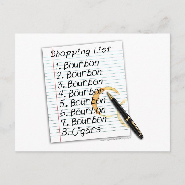 BOURBON SHOPPING LIST COCKTAIL HUMOR POSTCARD (Front)