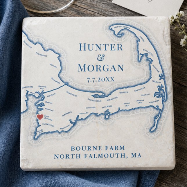 Bourne Farm Wedding Favour Cape Cod Map Stone Coaster (Bourne Farm Wedding Favor Cape Cod Stone Coaster Gift by Coastal Map Designs)