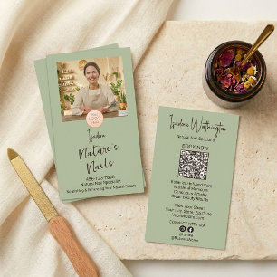 Boutique Aspen Green Vertical Nail Logo Photo QR Business Card
