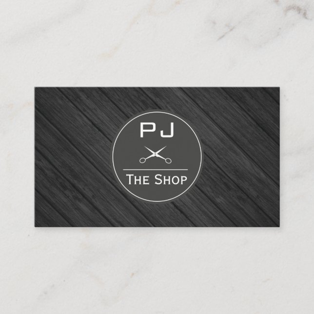 Boutique Barber Shop Wood with Monogram Business Card (Front)