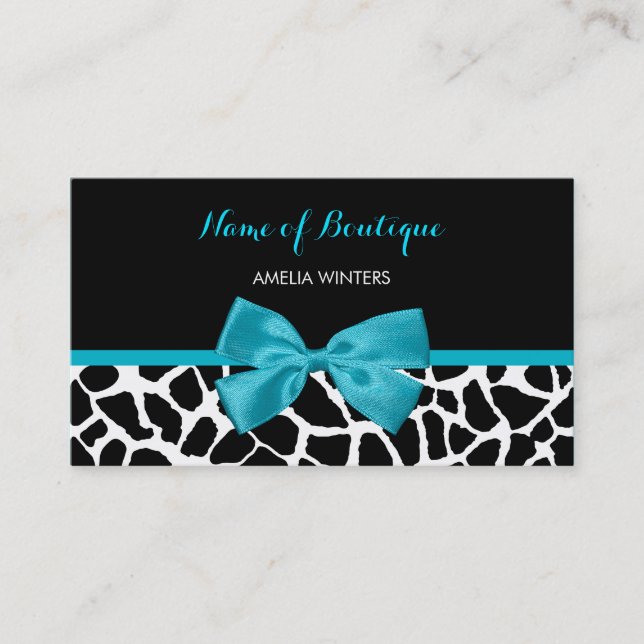Boutique Chic Giraffe Print Aqua Blue Ribbon Bow Business Card (Front)