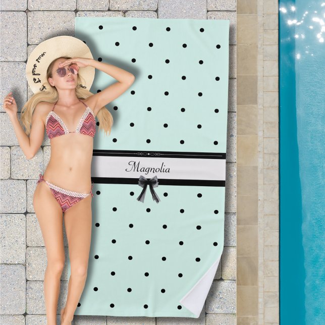Boutique Chic Mint Green Polka Dot Monogram Beach Towel (Refresh your summer gear! Custom name & seafoam mint dots for the ultimate resort look.)