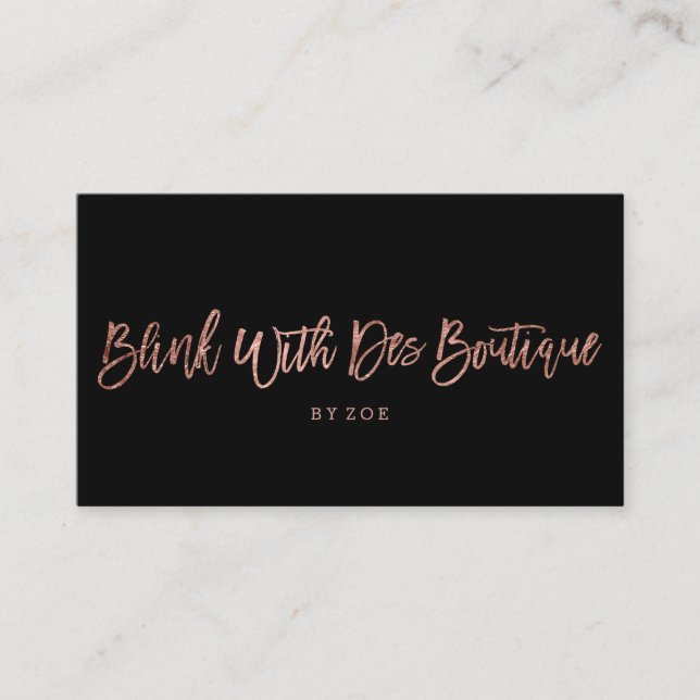 Boutique logo rose gold typography black business card (Front)