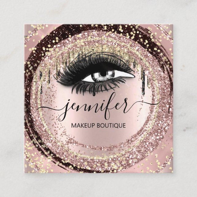 Boutique Makeup Lashes Glitter Rose QR Lash Square Business Card (Front)