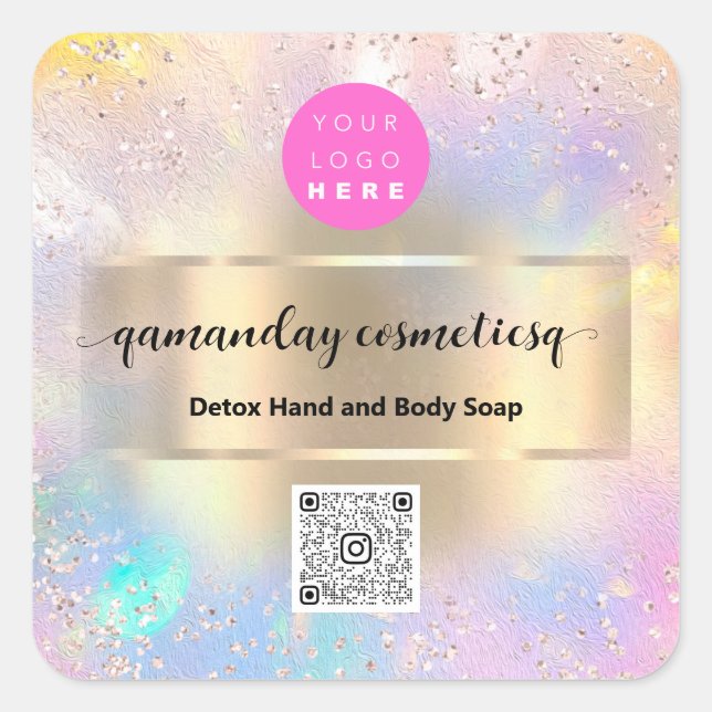 Boutique Online Shop Makeup Holograph QR Code Logo Square Sticker (Front)