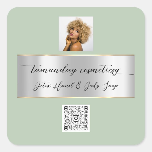 Boutique Online Shop QR Code Logo Green Silver Square Sticker (Front)