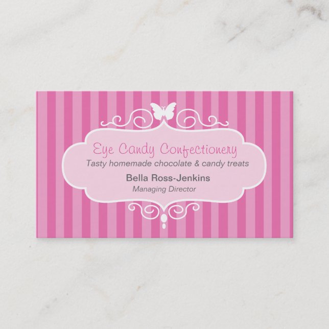Boutique shop candy pink stripe business card (Front)