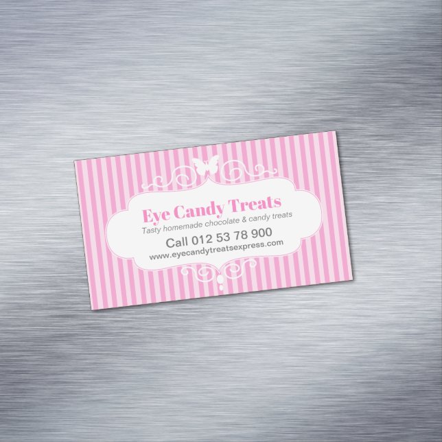 Boutique shop candy pink stripe contact reminder 	Magnetic business card (In Situ)