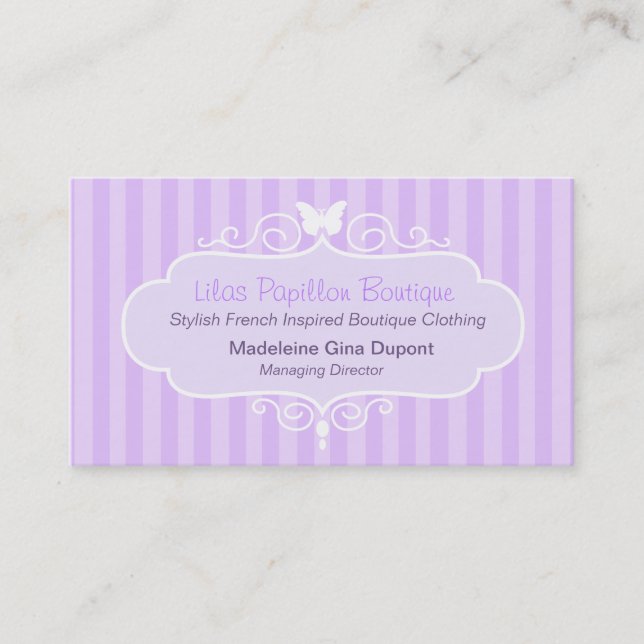 Boutique shop chic purple stripe business card (Front)