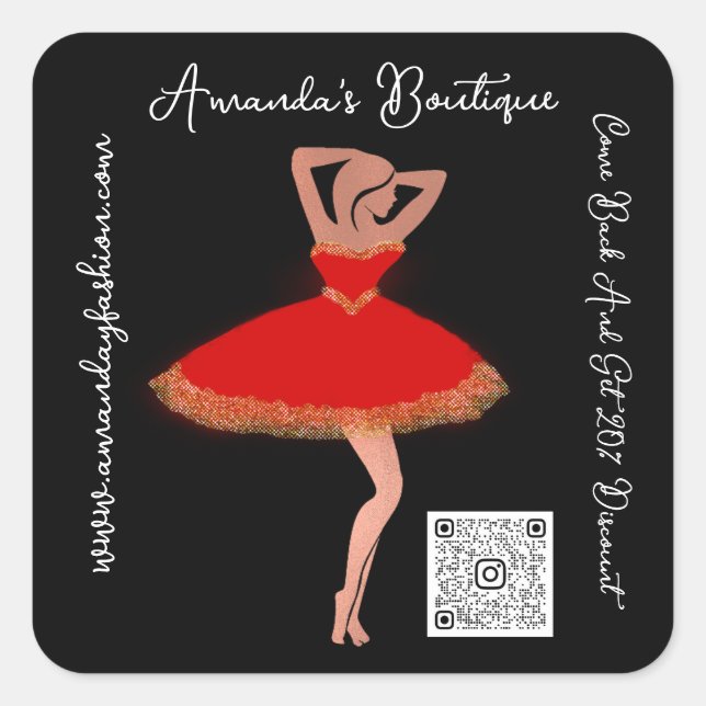 Boutique Shop Clothing Qr Code Red Gold Black Square Sticker (Front)