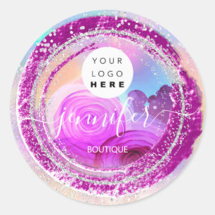 Boutique Shop Glitter Frame Silver Pink Floral Classic Round Sticker