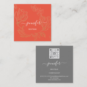 Boutique Shop Grey Orange Flowers QR Logo  Square Business Card