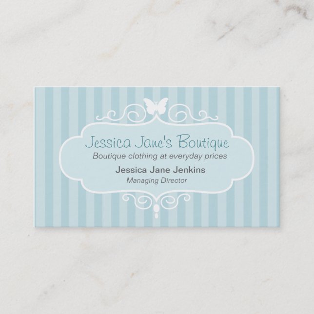 Boutique shop mint blue green stripe business card (Front)