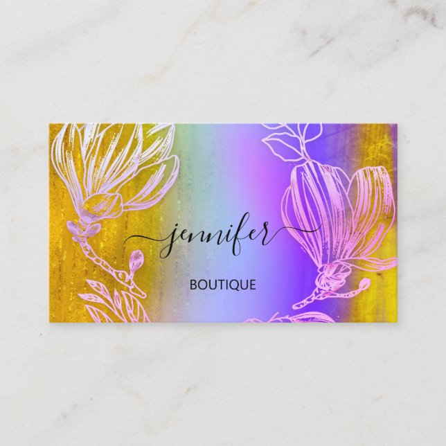 Boutique Shop Purple Gold Flower QR Code  Business Card (Front)