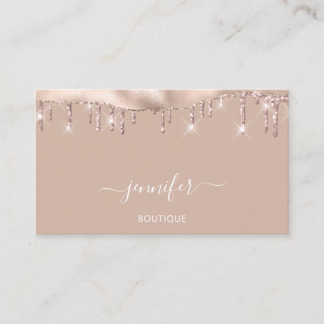 Boutique Shop QR Code Rose Glitter Drips Business Card (Front)