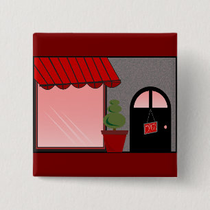 Boutique Storefront Red Black Topiary Open 15 Cm Square Badge