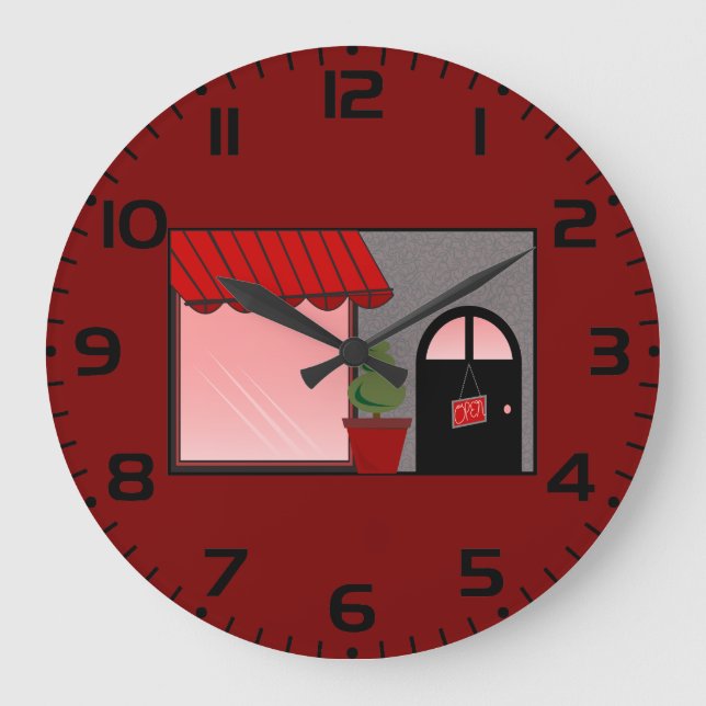 Boutique Storefront Red Black Topiary Open Large Clock (Front)