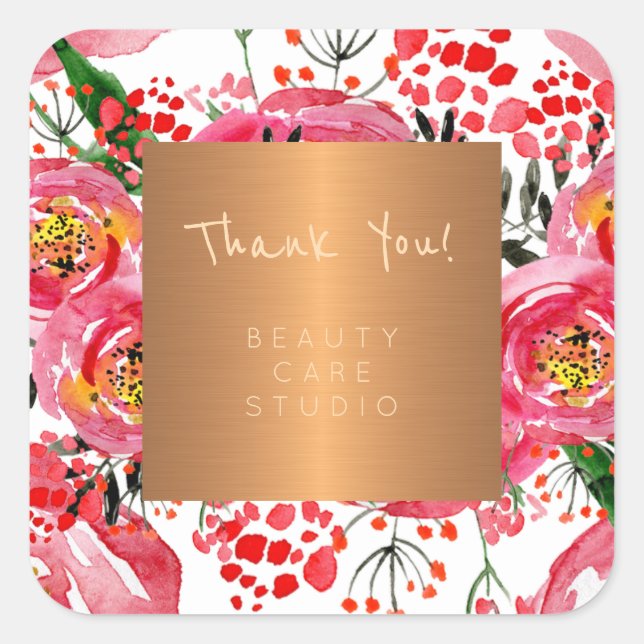 Boutique studio copper metallic peonies thank you square sticker (Front)