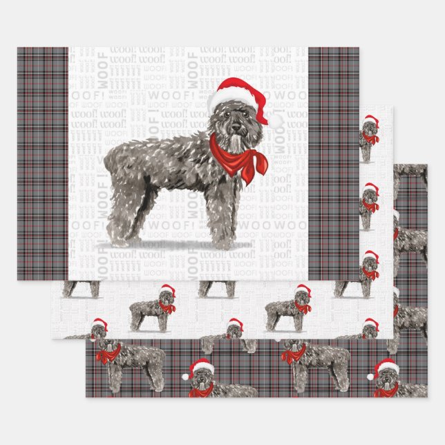 Bouvier Christmas Dog and Red and Grey Plaid Wrapping Paper Sheet (Set)
