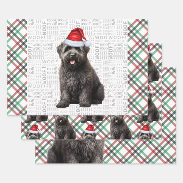 Bouvier Christmas Dog Red and Green Plaid Wrapping Paper Sheet (Set)