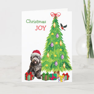 Bouvier des Flandres Dog, Bird and Christmas Tree Holiday Card